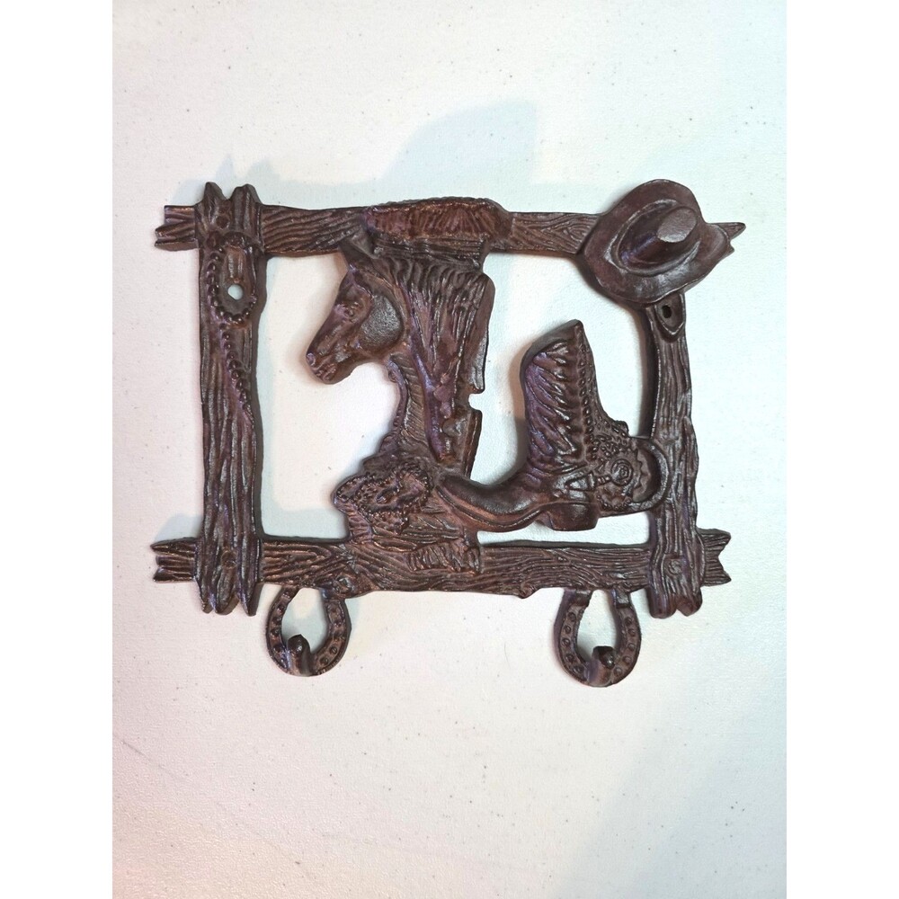 Cast Iron Wall Mount Coat Key Hooks Rustic Western Painted Brown Horse Boot Hat